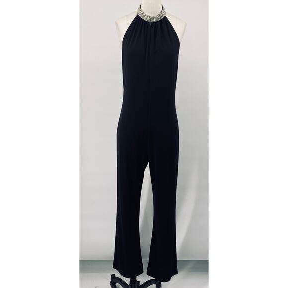 Vintage 90s Jumpsuit Embellished Rhinestone Choker Keyhole Neck Flared Leg Black - Picture 5 of 12